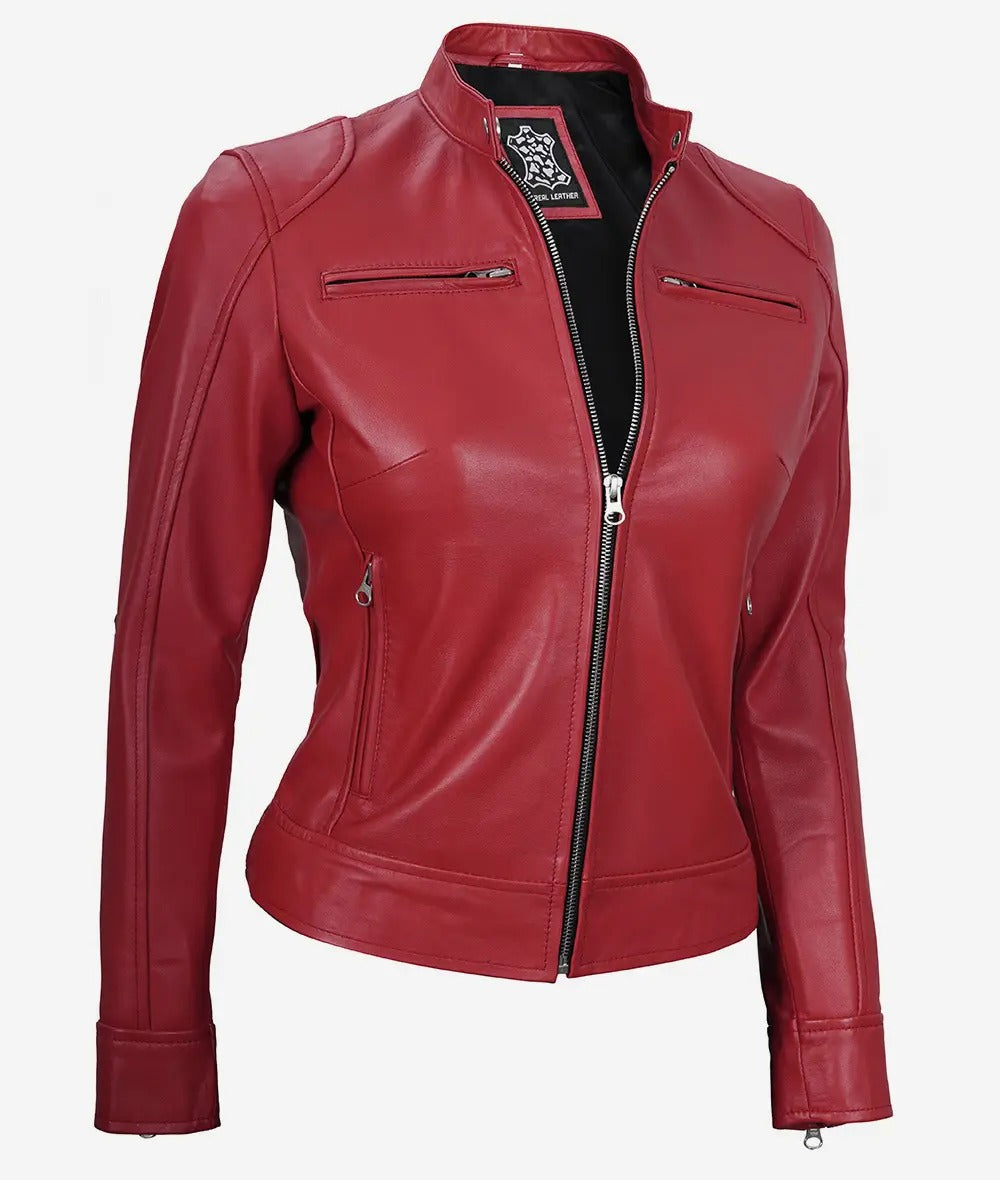 Womens Real Leather Red Moto Jacket