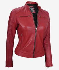 Womens Real Leather Red Moto Jacket