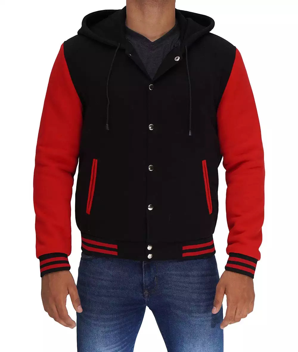 Salerno Men's Black and Red Varsity Jacket with Hood - Highschool Jacket