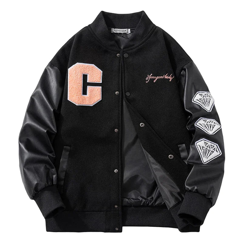 Retro Loose Leather Sleeve Varsity Jacket for Men