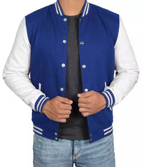 Men's Letterman Style Royal Blue Varsity Jacket with White Sleeves