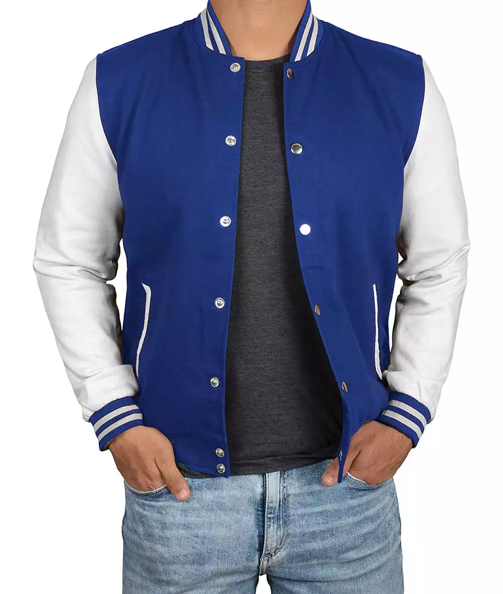 Men's Letterman Style Royal Blue Varsity Jacket with White Sleeves