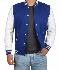 Men's Letterman Style Royal Blue Varsity Jacket with White Sleeves