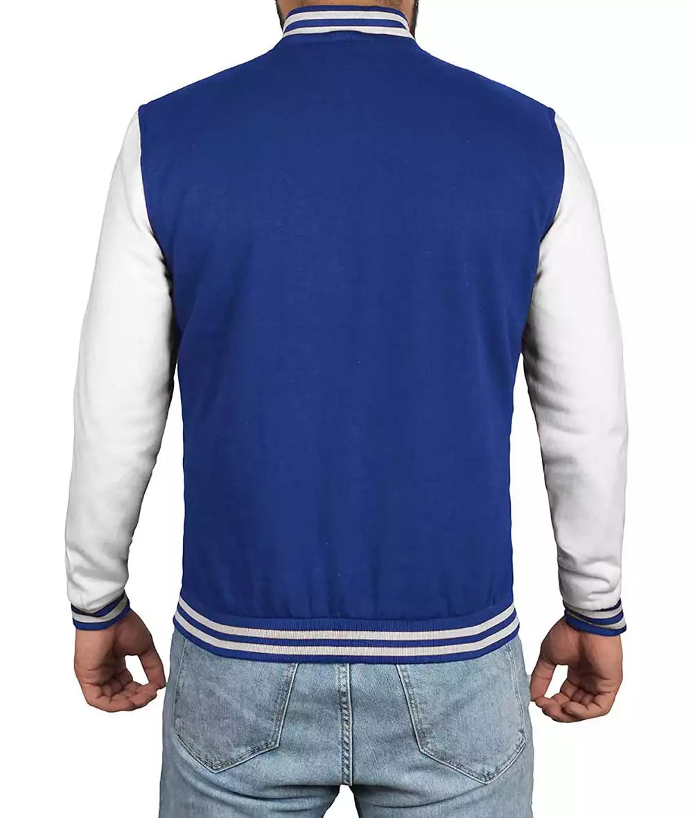 Men's Letterman Style Royal Blue Varsity Jacket with White Sleeves