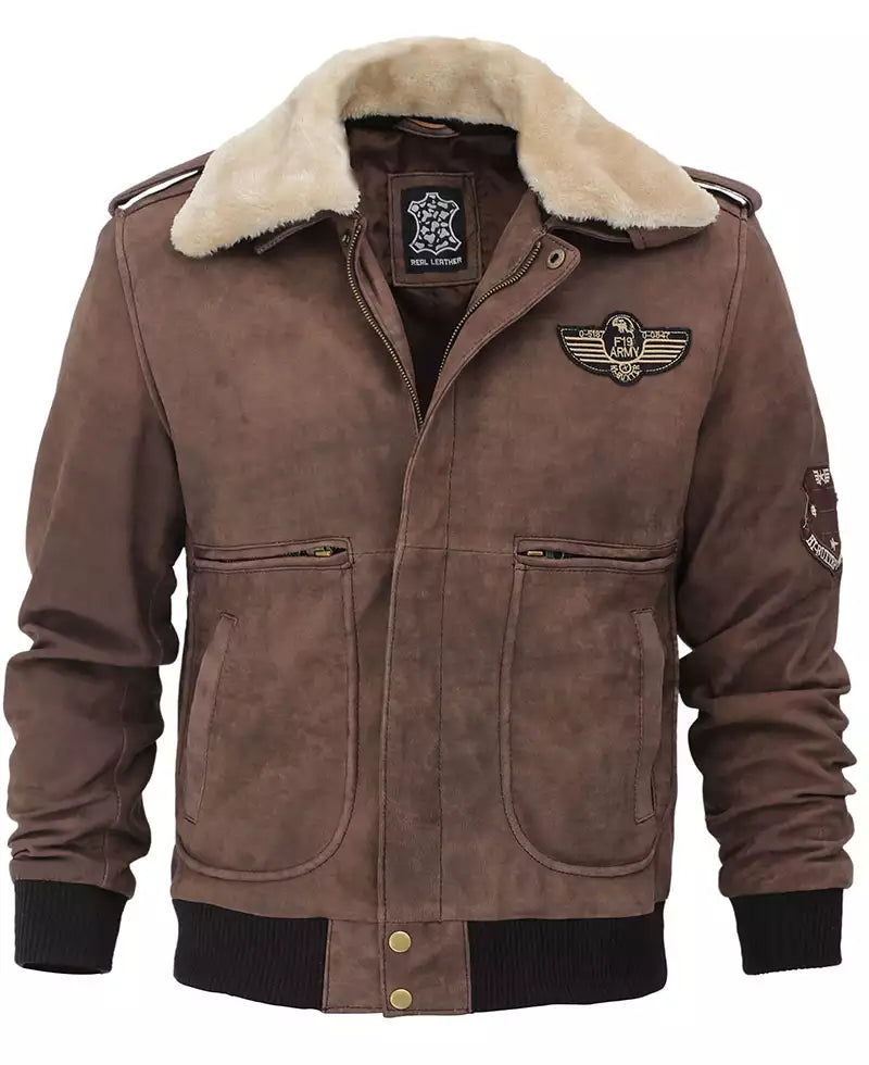 Men's G1 Brown Leather Bomber Aviator Jacket with Shearling Collar