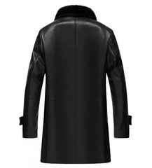 Men's Premium Black Leather 3/4 Length Coat with Shearling Collar