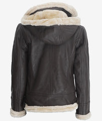 Womens Dark Brown Hooded Shearling Leather Jacket