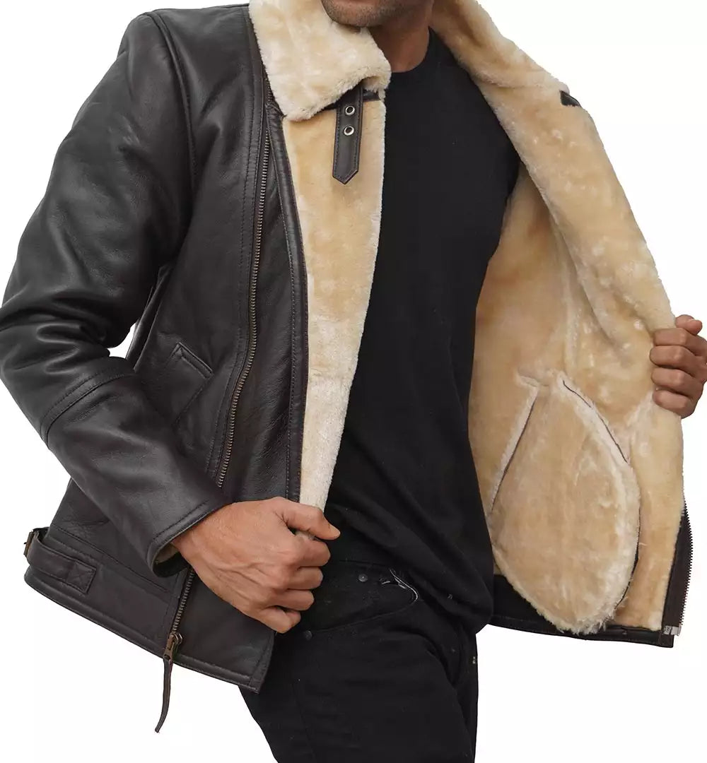 Men's Dark Brown Shearling Moto Leather Jacket