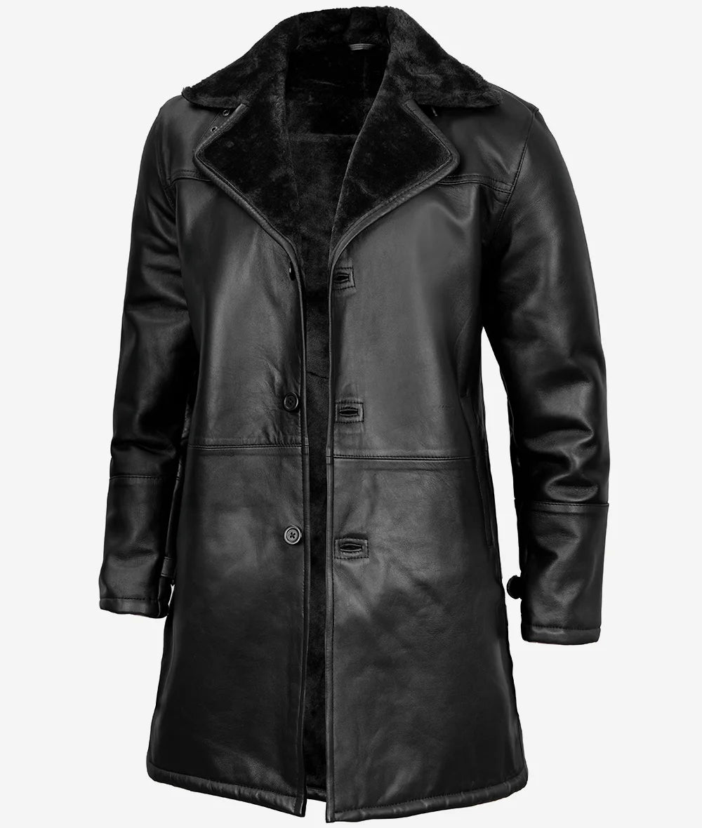 Black Three Quarter Shearling Leather Coat for Men