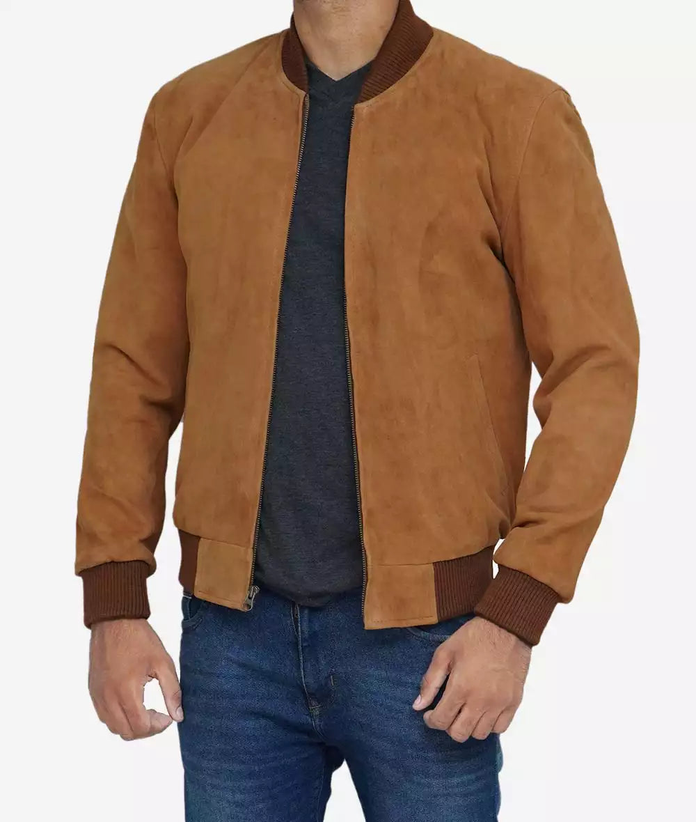 Men's Light Brown Suede Bomber Jacket