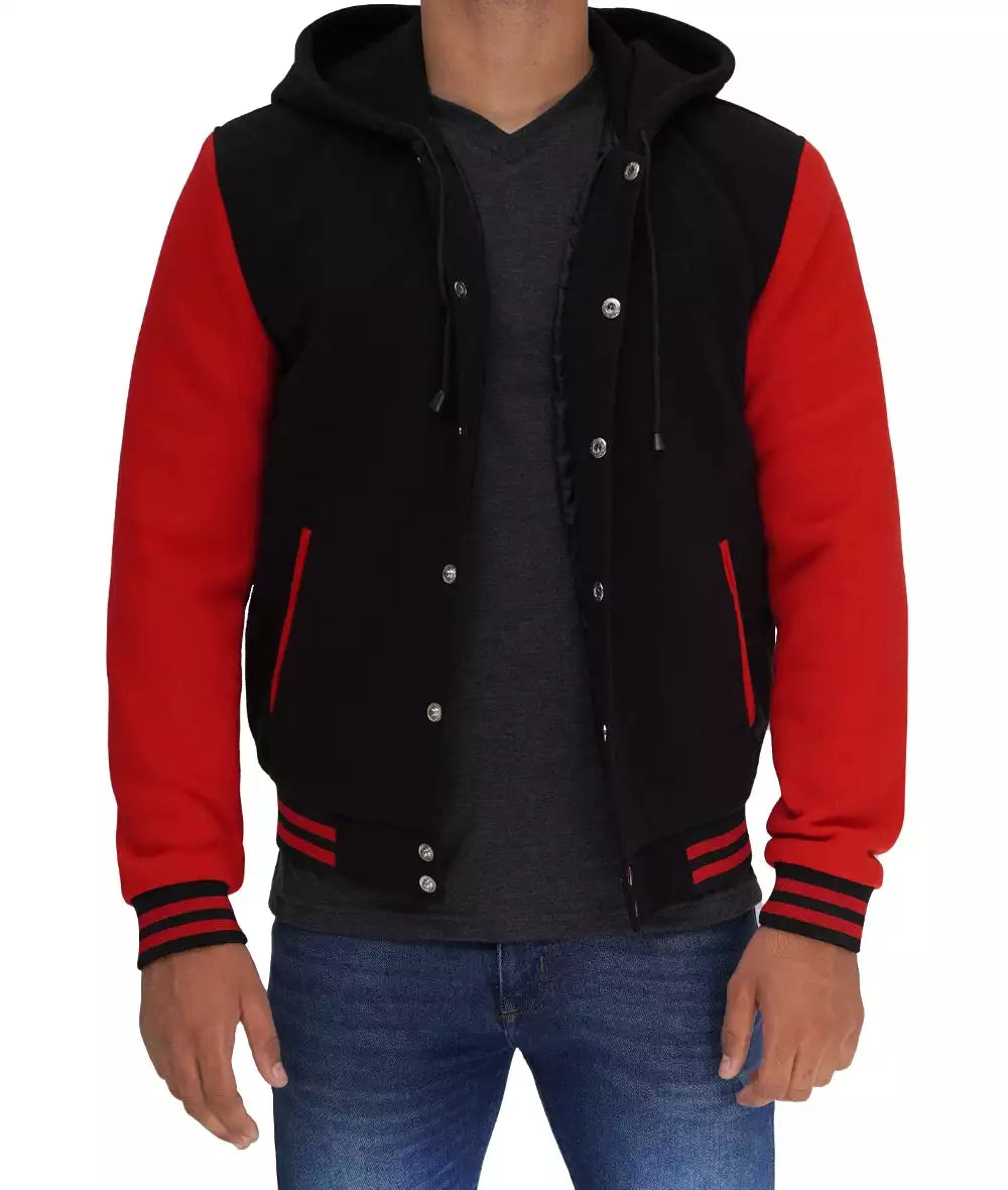 Salerno Men's Black and Red Varsity Jacket with Hood - Highschool Jacket