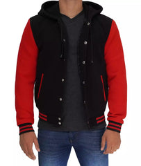 Salerno Men's Black and Red Varsity Jacket with Hood - Highschool Jacket