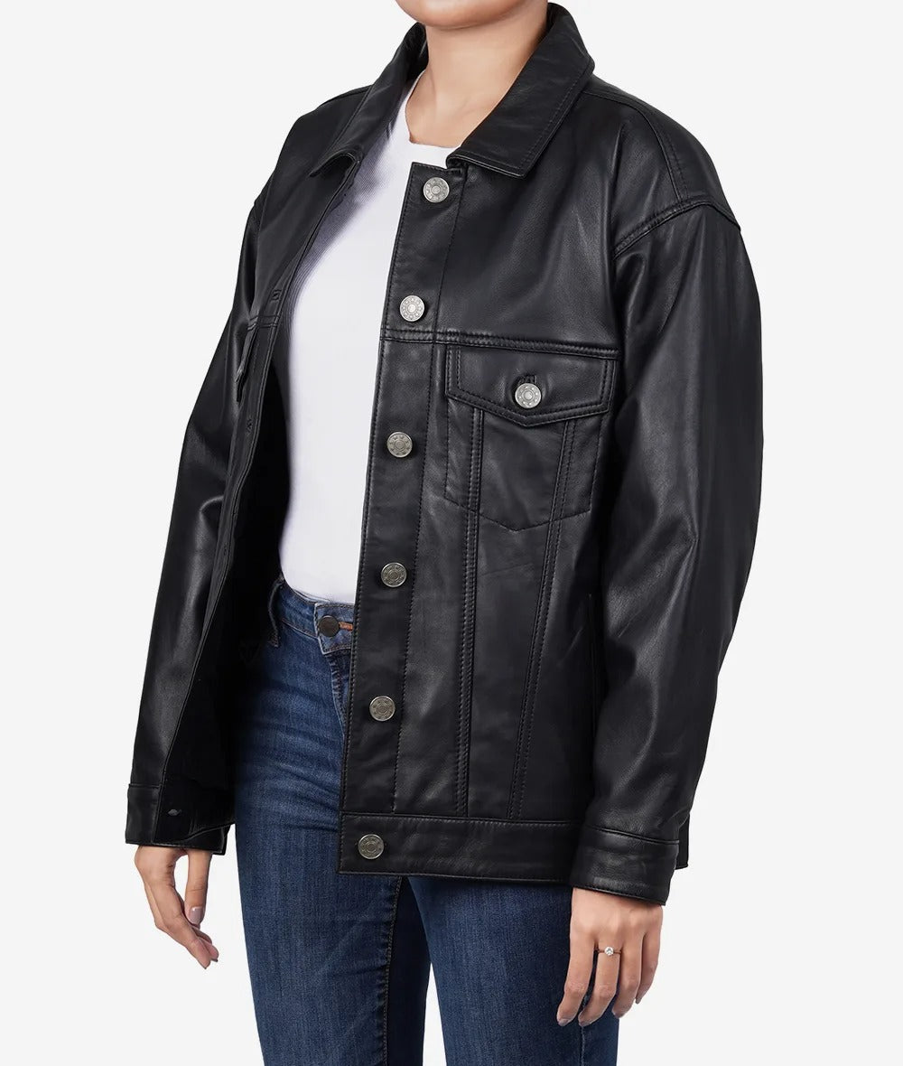 Womens Black Lambskin Leather Oversized Trucker Jacket