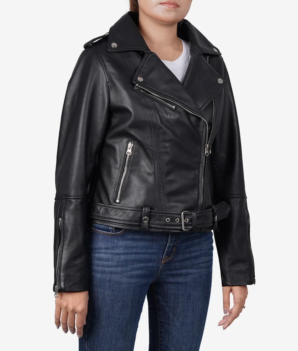 Women Black Lambskin Leather Moto Relaxed Fit Jacket