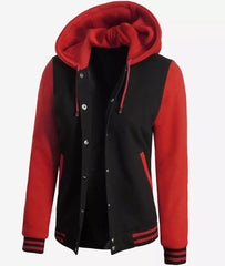 Women's Black and Red Hooded Varsity Jacket - Baseball Style