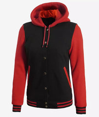 Women's Black and Red Hooded Varsity Jacket - Baseball Style