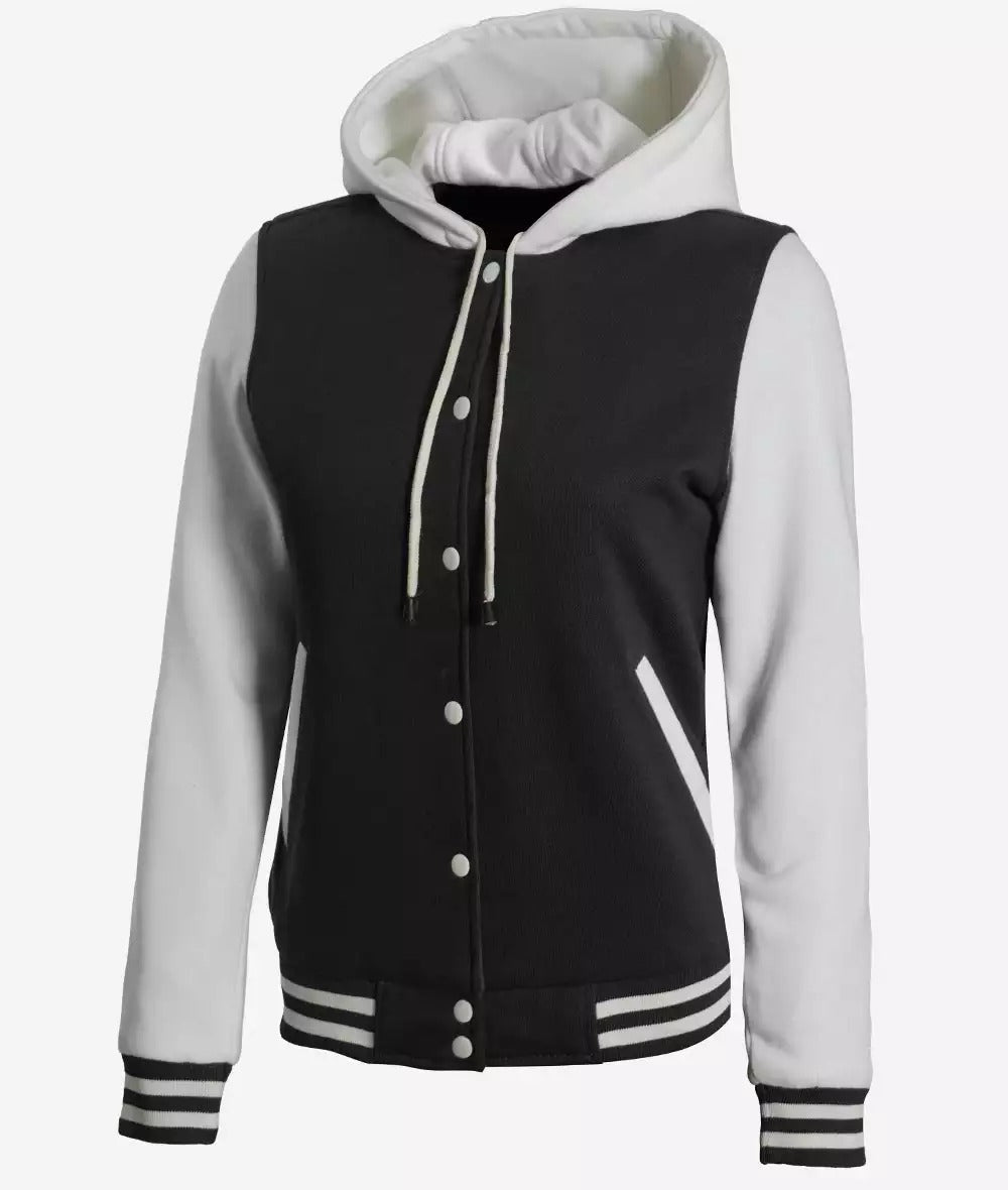 Women's Black and White Hooded Varsity Jacket - Letterman Style