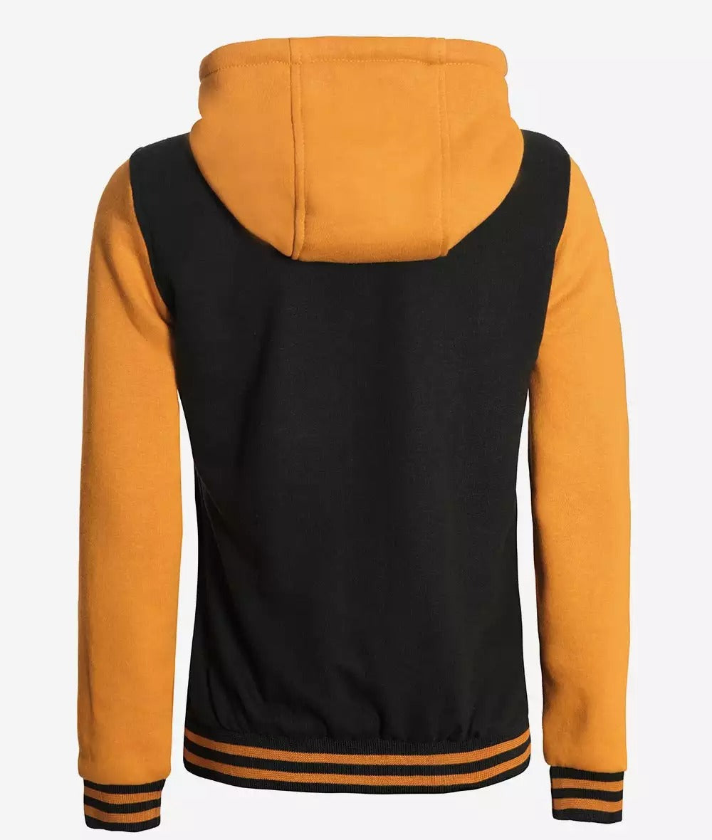 Women's Black and Yellow Hooded Varsity Jacket