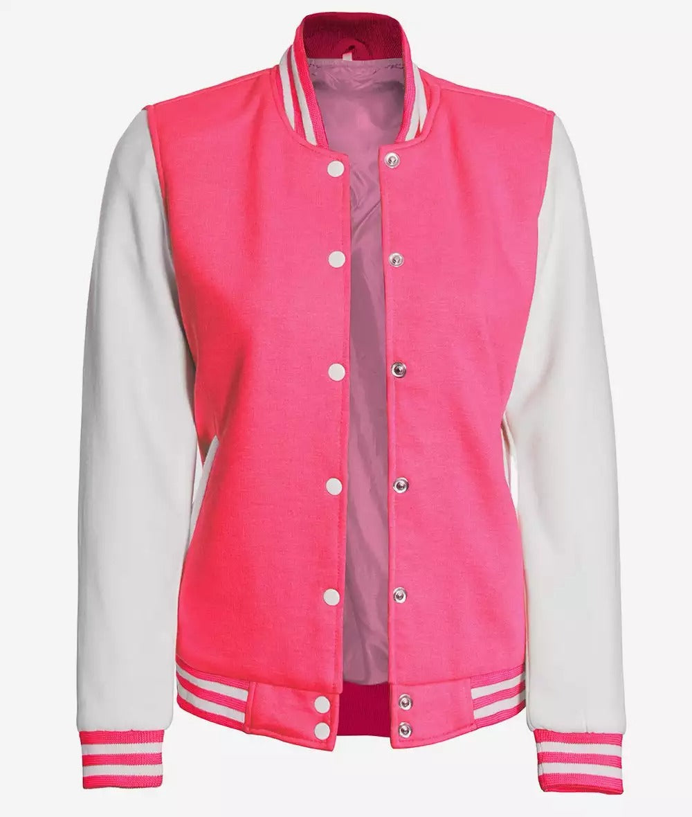 Women's Pink and White Varsity Baseball Jacket - Bomber Style *Almost Gone*