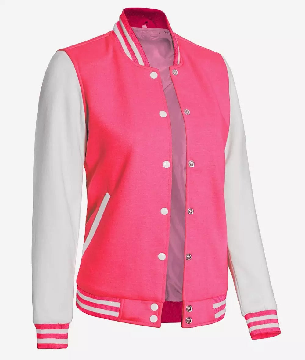 Women's Pink and White Varsity Baseball Jacket - Bomber Style *Almost Gone*