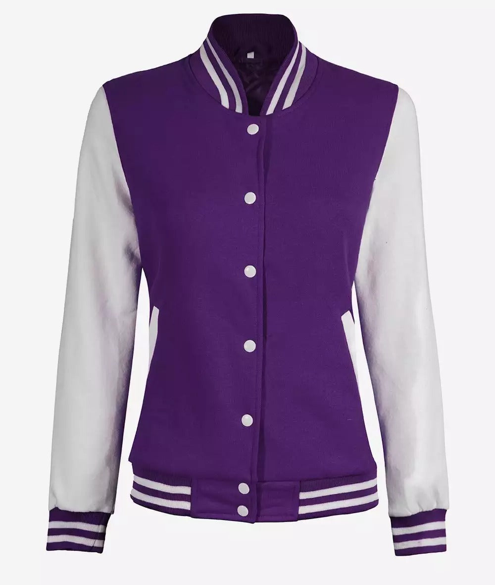 Women's Purple and White Varsity Letterman Style Baseball Jacket (Selling Fast)