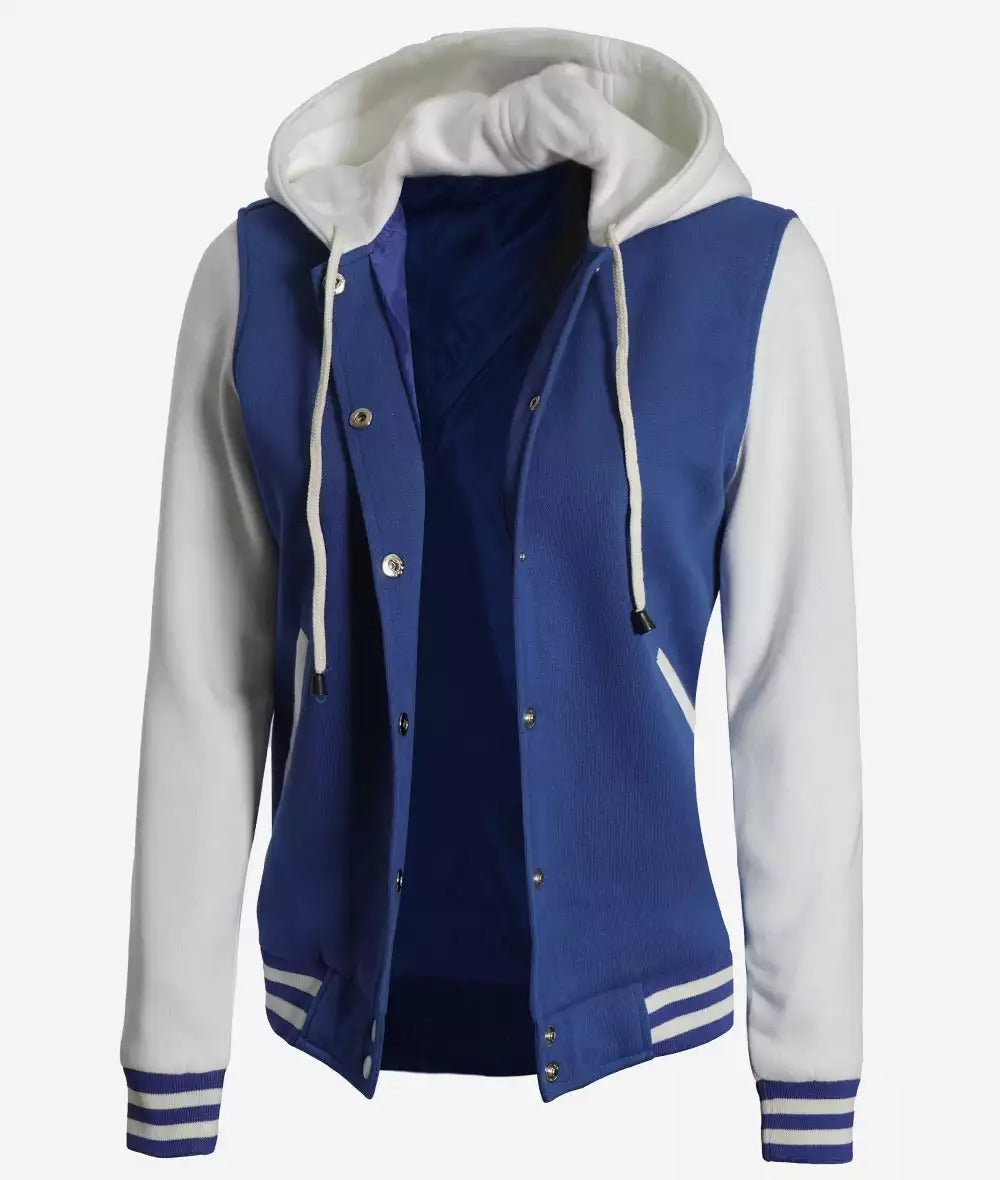 Women's Royal Blue and White Hooded Baseball Letterman Jacket - Varsity Style