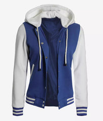 Women's Royal Blue and White Hooded Baseball Letterman Jacket - Varsity Style