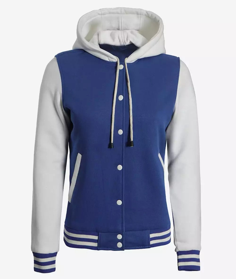 Women's Royal Blue and White Hooded Baseball Letterman Jacket - Varsity Style