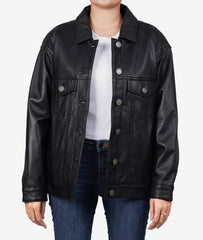 Womens Black Lambskin Leather Oversized Trucker Jacket