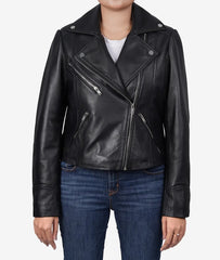 Women Black Lambskin Leather Relaxed Fit Moto Jacket