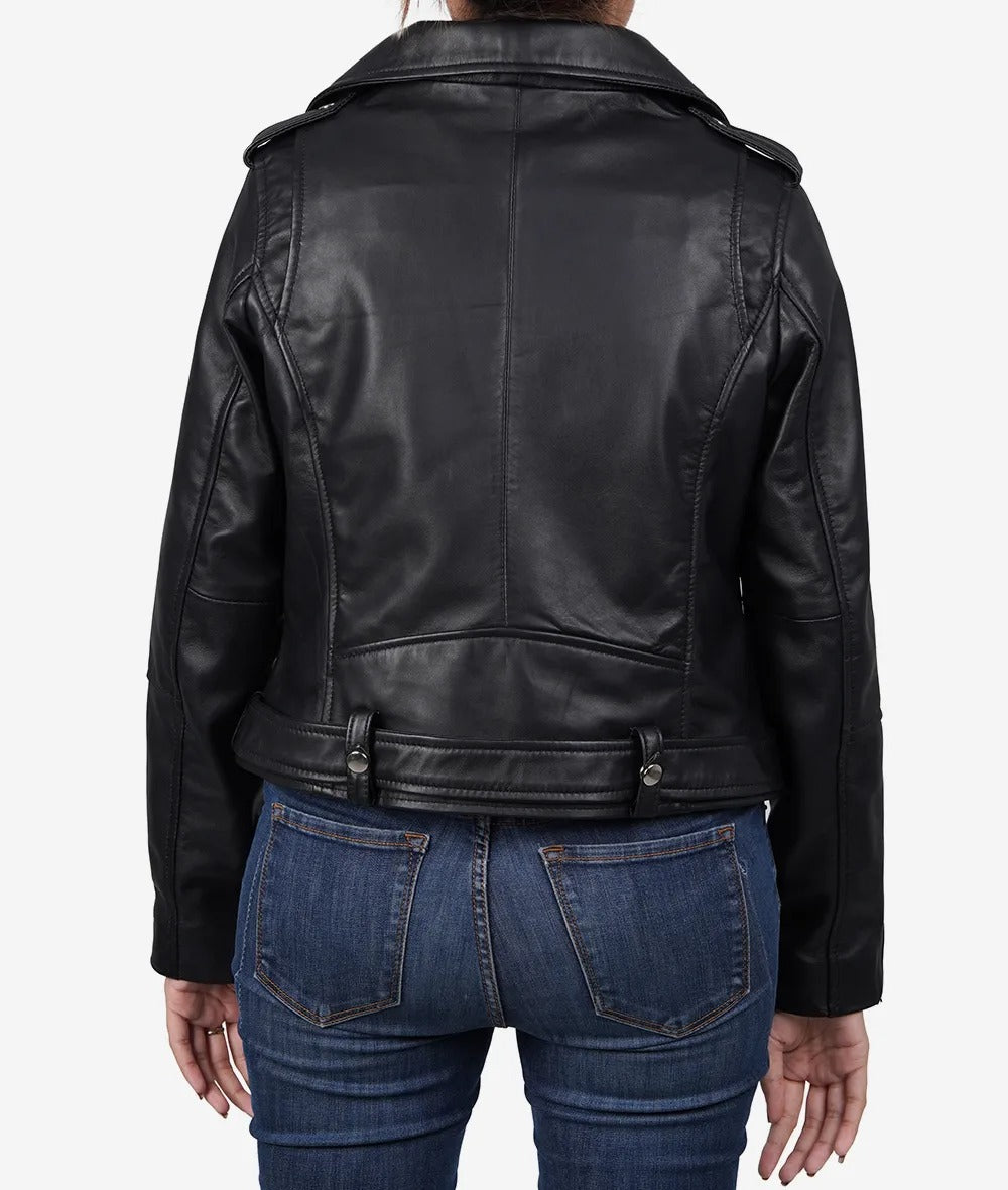 Women Black Lambskin Leather Moto Relaxed Fit Jacket