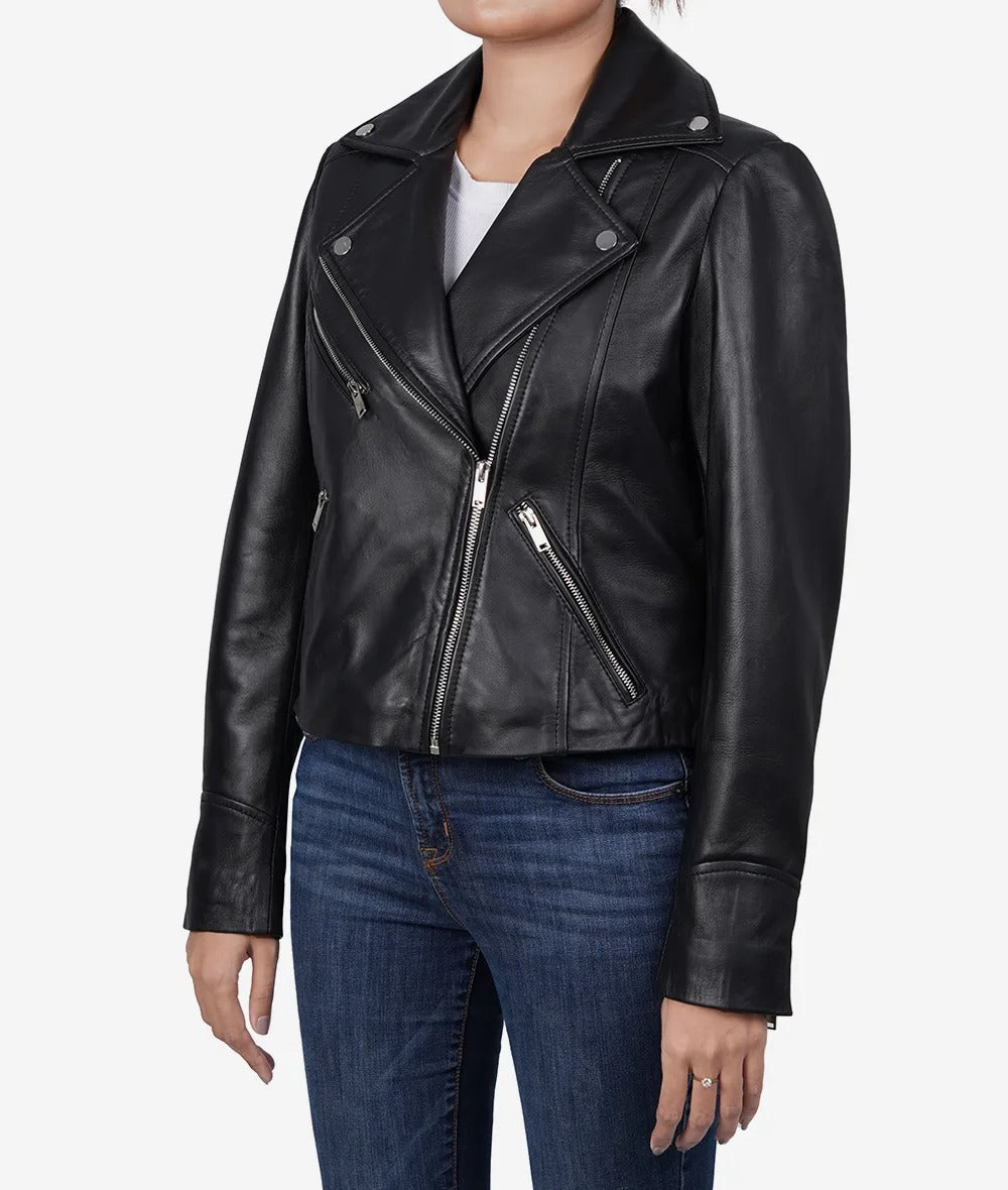 Women Black Lambskin Leather Relaxed Fit Moto Jacket