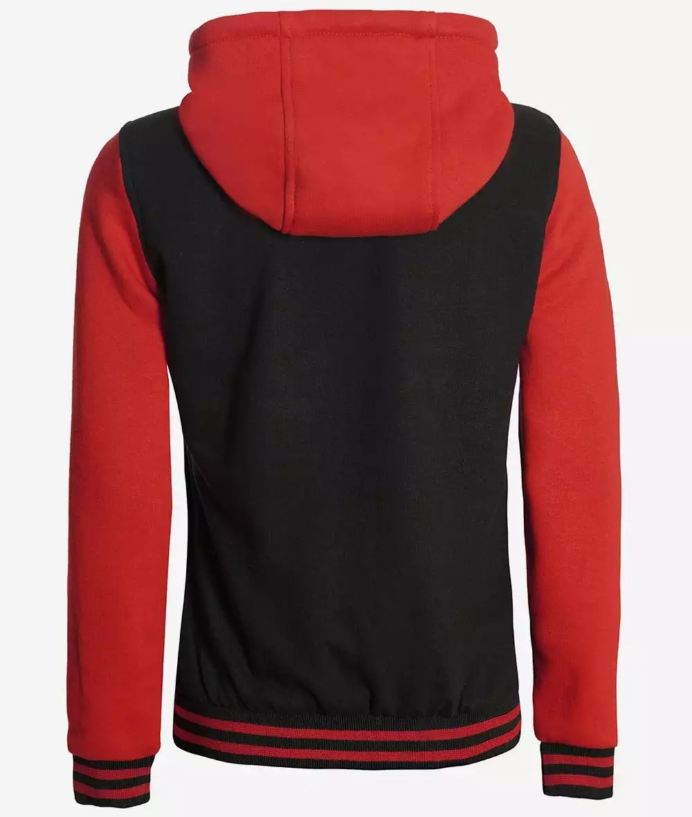 Women's Black and Red Hooded Varsity Jacket - Baseball Style