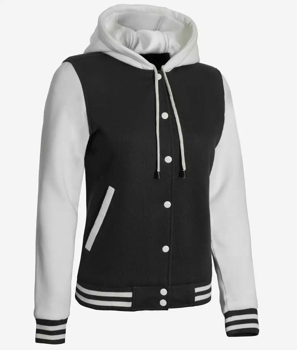 Women's Black and White Hooded Varsity Jacket - Letterman Style