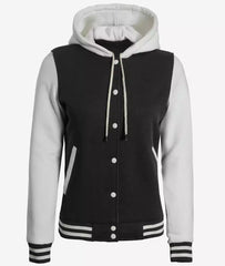 Women's Black and White Hooded Varsity Jacket - Letterman Style