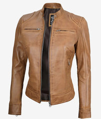 Womens Real Leather Camel Moto Jacket