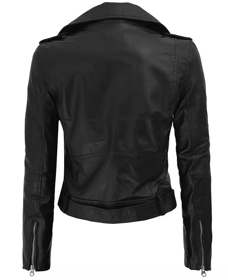 Nellie Black Asymmetrical Cropped Leather Jacket Womens