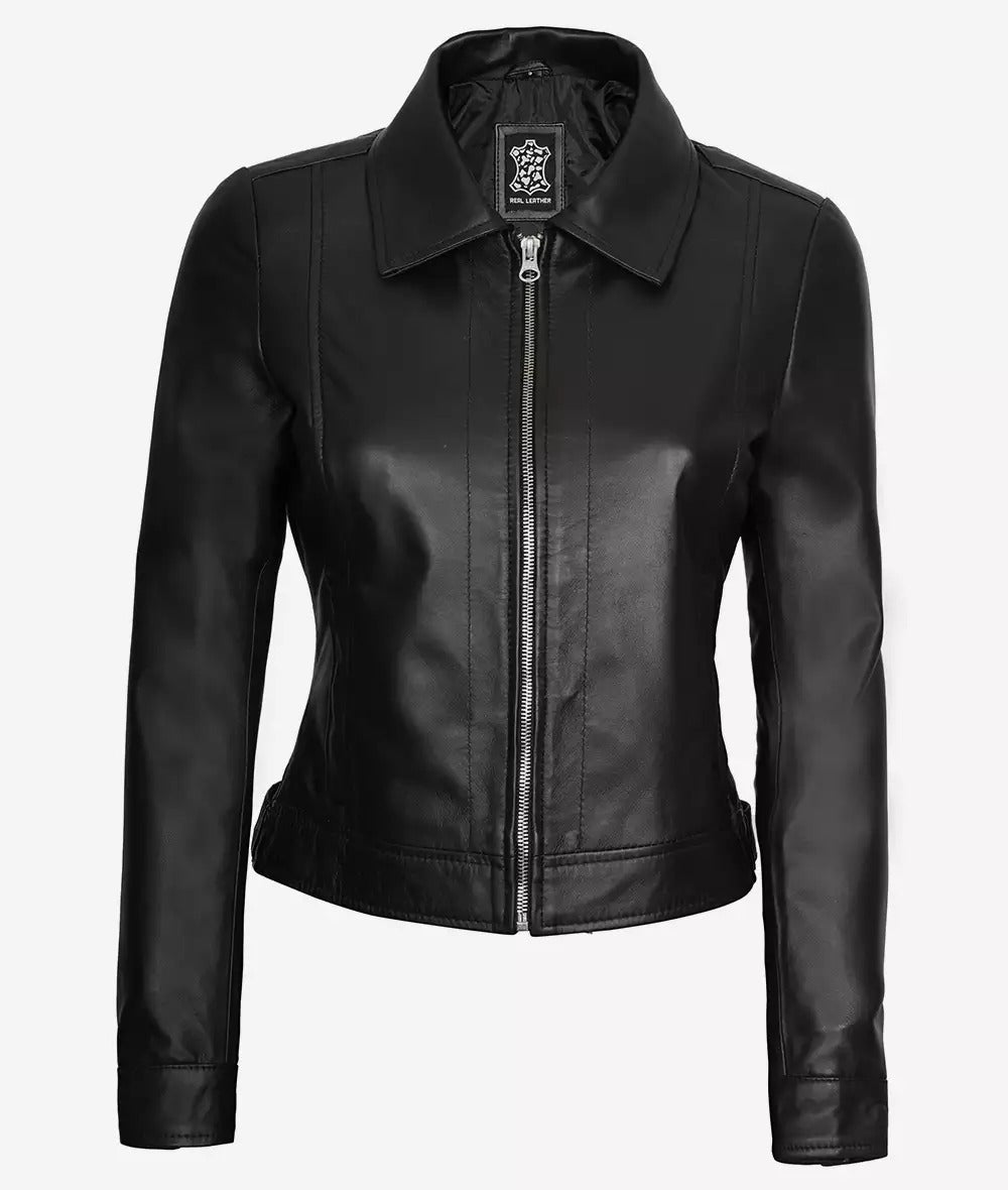 Jose Womens Black Shirt Collar Harrington Leather Jacket