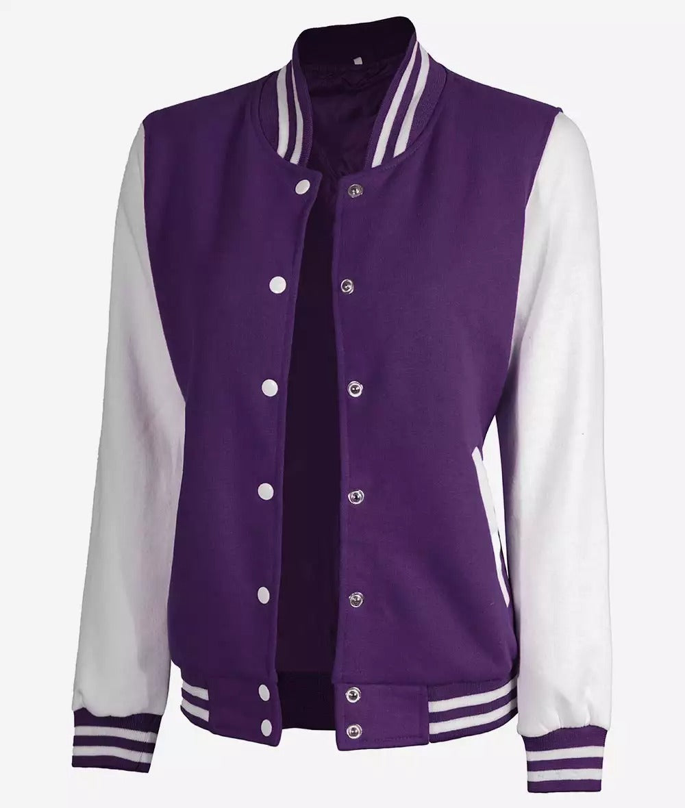 Women's Purple and White Varsity Letterman Style Baseball Jacket (Selling Fast)