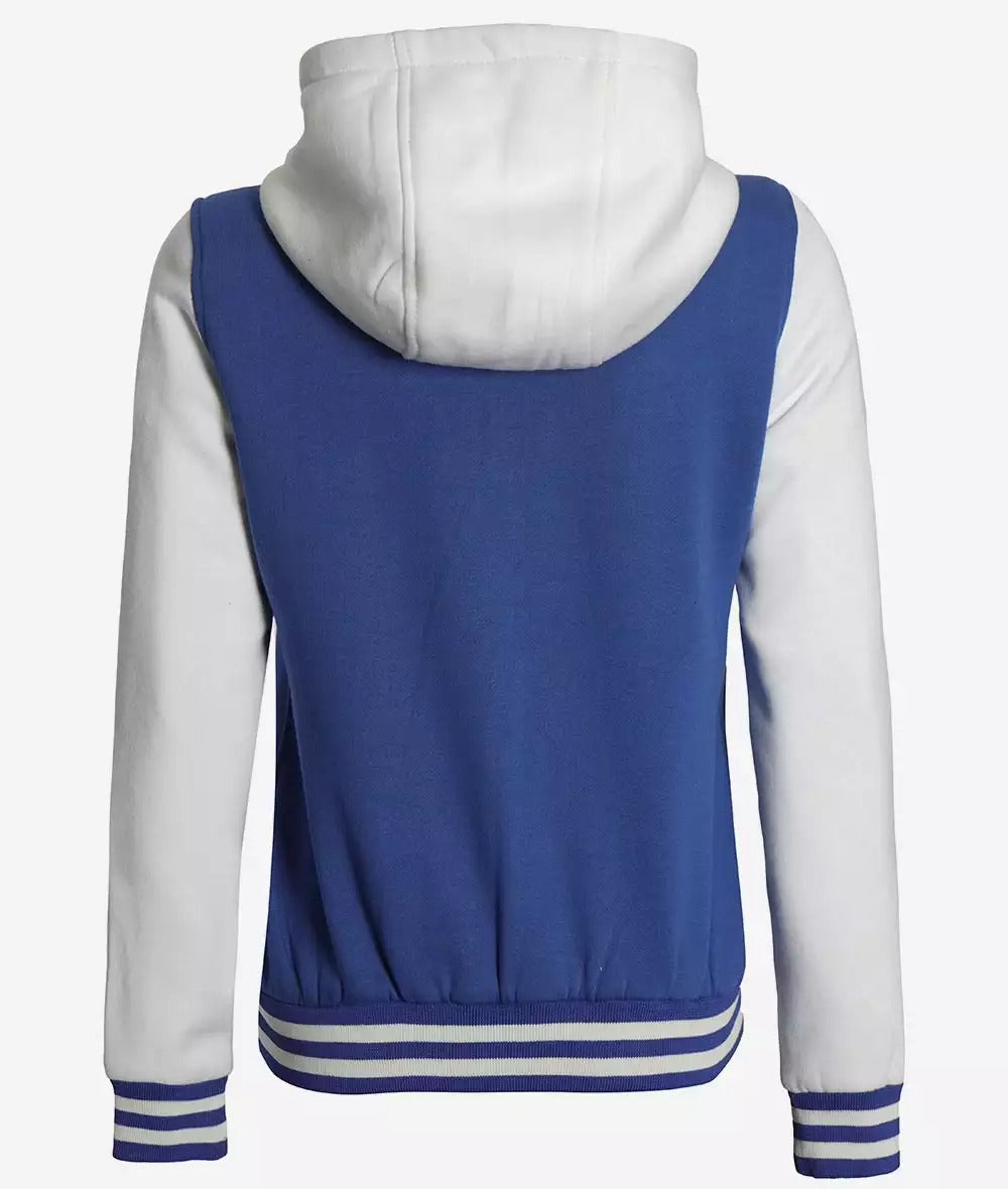 Women's Royal Blue and White Hooded Baseball Letterman Jacket - Varsity Style