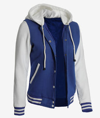 Women's Royal Blue and White Hooded Baseball Letterman Jacket - Varsity Style