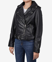 Women Black Lambskin Leather Moto Relaxed Fit Jacket