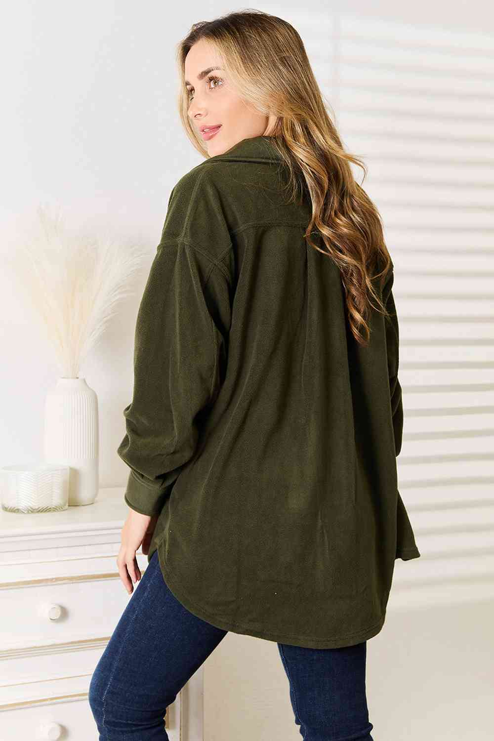 Heimish Cozy Girl Full Size Button Down Shacket Green