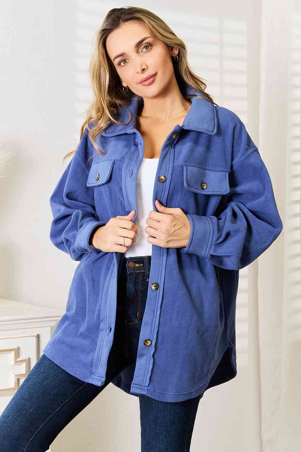 Heimish Cozy Girl Full Size Button Down Shacket Blue