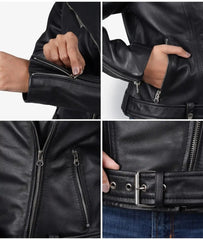 Women Black Lambskin Leather Moto Relaxed Fit Jacket