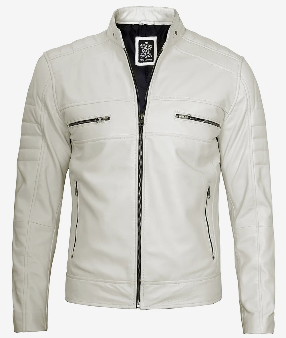 Mens Off White Cafe Racer Leather Jacket