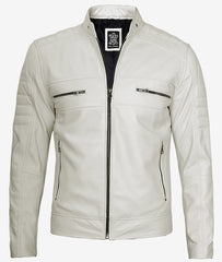 Mens Off White Cafe Racer Leather Jacket