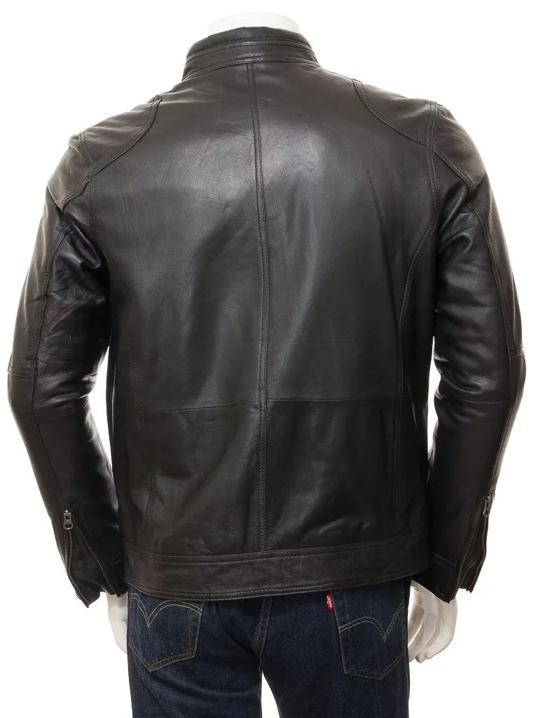 Black Leather Double Pockets Biker Jacket Men’s