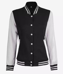 Women's White and Black Baseball-Style Varsity Jacket