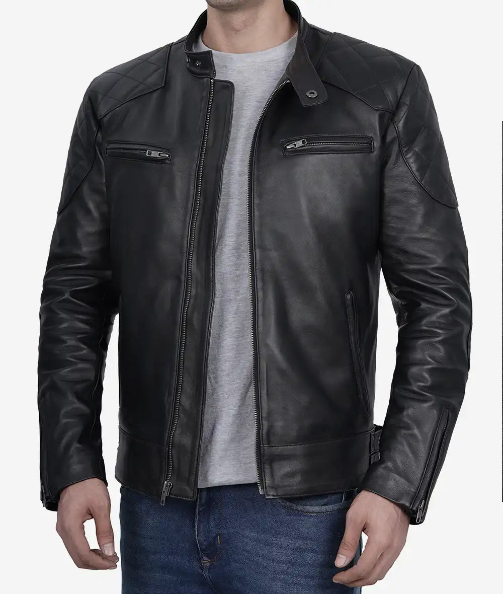 Mens Dark Brown Premium Cowhide Leather Cafe Racer Jacket